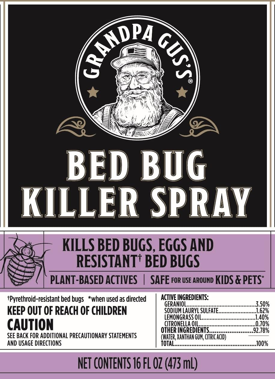 Grandpa Gus's Natural Bed Bug Killer Spray, 48 Hours Time-Release Plant-Based Actives, Kills Bed Bugs & Their Eggs, 16 fl oz