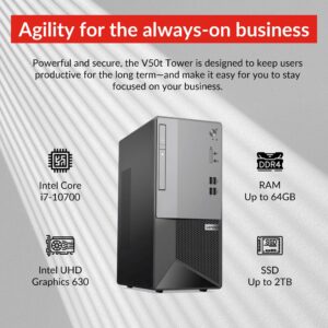 Lenovo V50T G2 Business Desktop, Intel Core i7-10700, 16GB RAM, 512GB SSD, Wi-Fi, Wired Keyboard & Mouse, SD Card Reader, DVD-RW, HDMI, DP, RJ-45, VGA, Windows 11 Pro, Black