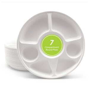 three leaf 7 compartment bagasse round plate, 50 ct. heavy-duty- super strong- natural- eco-friendly disposable bagasse plates, 100% biodegradable 7 compartment plates