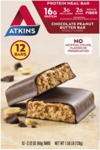 atkins chocolate peanut butter protein meal bar, high fiber, 16g protein, 2g sugar, 3g net carb, meal replacement, low carb, keto friendly, 12 count