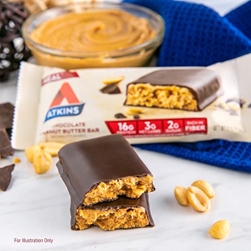 Atkins Chocolate Peanut Butter Protein Meal Bar, High Fiber, 16g Protein, 2g Sugar, 3g Net Carb, Meal Replacement, Low Carb, Keto Friendly, 12 Count