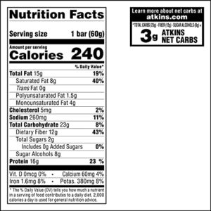 Atkins Chocolate Peanut Butter Protein Meal Bar, High Fiber, 16g Protein, 2g Sugar, 3g Net Carb, Meal Replacement, Low Carb, Keto Friendly, 12 Count