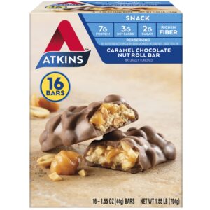 atkins caramel chocolate nut roll snack bar, protein snack, high in fiber, 2g sugar, 16 count