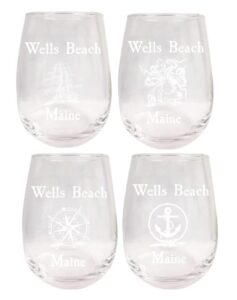 r and r imports wells beach maine souvenir 9 ounce laser engraved stemless wine glass nautical designs 4-pack