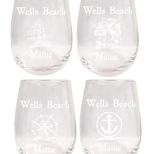 R and R Imports Wells Beach Maine Souvenir 9 Ounce Laser Engraved Stemless Wine Glass Nautical Designs 4-Pack