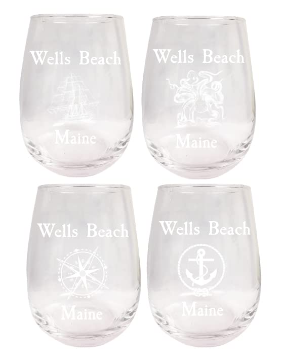 R and R Imports Wells Beach Maine Souvenir 9 Ounce Laser Engraved Stemless Wine Glass Nautical Designs 4-Pack