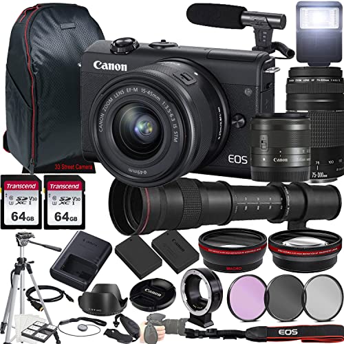 Canon EOS M200 Mirrorless Camera w/EF-M 15-45mm f/3.5-6.3 is STM Lens + EF 75-300mm f/4-5.6 III Lens + 420-800mm f/8.3 HD Lens + 2X 64GB Memory, Case, Microphone, Tripod, More (35pc Bundle)