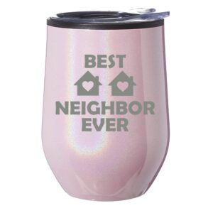 stemless wine tumbler coffee travel mug glass with lid gift best neighbor ever funny (pink glitter)