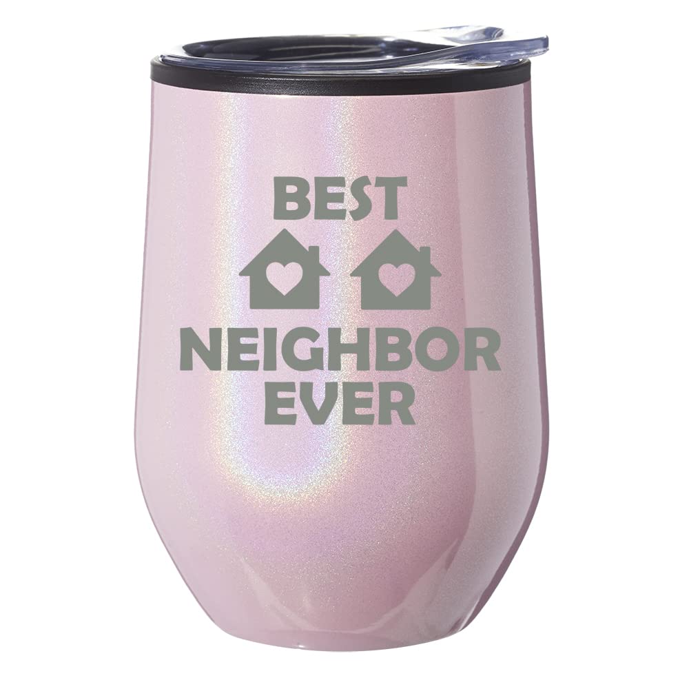 Stemless Wine Tumbler Coffee Travel Mug Glass With Lid Gift Best Neighbor Ever Funny (Pink Glitter)