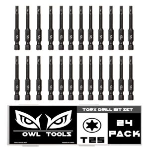 t25 torx bits (24 pack - 2 inch impact grade) 6 point torx star bit with hex shank - hardened crm steel alloy - case included