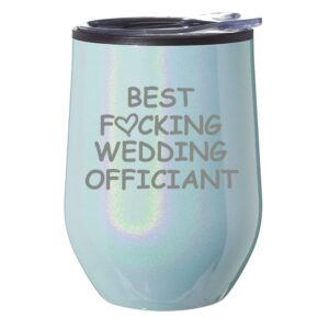 stemless wine tumbler coffee travel mug glass with lid gift best fcking wedding officiant funny (blue glitter)