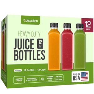 decadorn 12oz plastic bottles with caps - 12 pack empty juice bottles for juicing - made in usa clear reusable bottles with lids for fridge - drink container