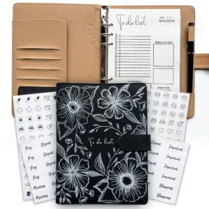 to do list notebook, to do list notepad, to do dotebook, includes an organizer for cards, documents, brochures, invoices and photos, 3 pages of stickers and a pen