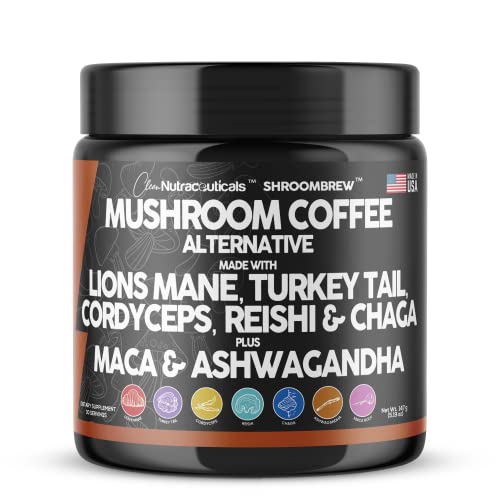 Clean Nutraceuticals Mushroom Coffee Alternative Mix - Maca Coffee with Lions Mane Mushroom, Cordyceps & Ashwagandha - Cacao Based with Maca Root, Turkey Tail, Chaga & Reishi Mushroom - USA Made