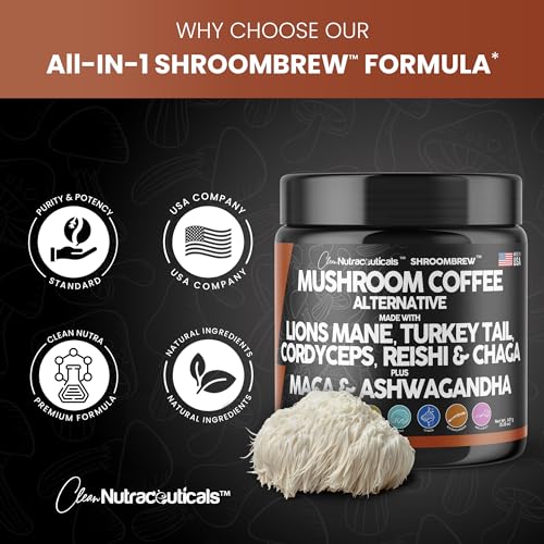 Clean Nutraceuticals Mushroom Coffee Alternative Mix - Maca Coffee with Lions Mane Mushroom, Cordyceps & Ashwagandha - Cacao Based with Maca Root, Turkey Tail, Chaga & Reishi Mushroom - USA Made