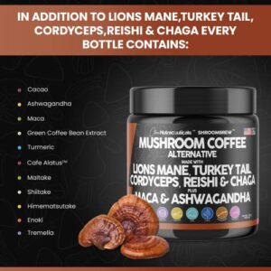 Clean Nutraceuticals Mushroom Coffee Alternative Mix - Maca Coffee with Lions Mane Mushroom, Cordyceps & Ashwagandha - Cacao Based with Maca Root, Turkey Tail, Chaga & Reishi Mushroom - USA Made