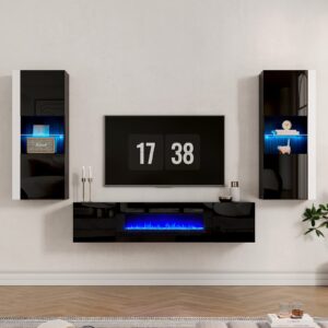 amerlife wall unit entertainment center with 36" electric fireplace, includes 68" floating fireplace tv stand, 2 x wall cabinets, modern led light media console table for living room, black/white