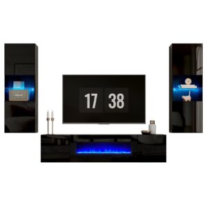 AMERLIFE Wall Unit Entertainment Center with 36" Electric Fireplace, Includes 68" Floating Fireplace TV Stand, 2 x Wall Cabinets, Modern LED Light Media Console Table for Living Room, Black/White