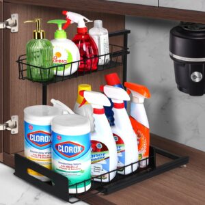 JUPELI Under Sink Organizers and Storage, 2 Tier Pull Out Under Sink Storage for Kitchen With Sliding Drawer, Metal Height Adjustable Bathroom Cabinet Organizer Shelf, Kitchen Organizers and Storage