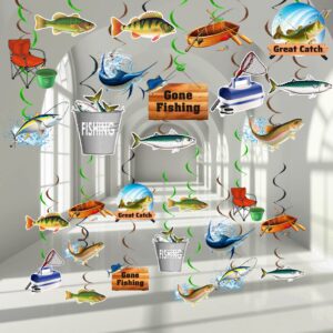 60pcs gone fishing party supplies fishing birthday party decorations fishing banner ceiling streamers fish paper signs fishing party decorations fish hanging swirl paper cutouts for fishing