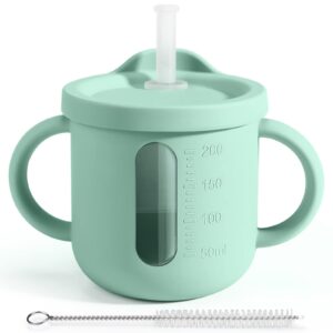 palmatte baby toddler cups with straw: 200ml perspective silicone training cup with lid handle marks for infants 6 months+, open sippy cup baby led weaning supplies baby shower gifts (sage green)