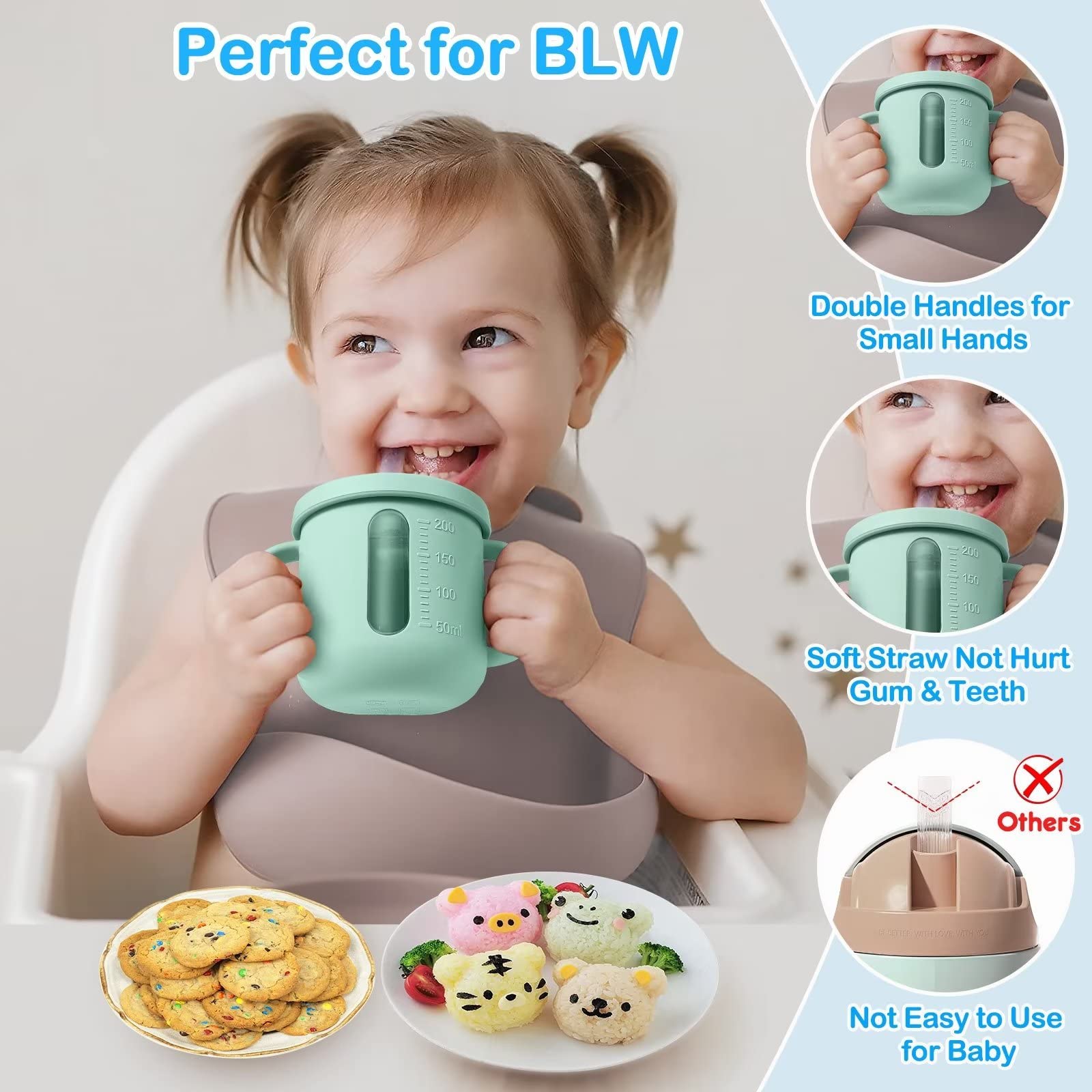 Palmatte Baby Toddler Cups with Straw: 200ml Perspective Silicone Training Cup with Lid Handle Marks for Infants 6 Months+, Open Sippy Cup Baby Led Weaning Supplies Baby Shower Gifts (Sage Green)