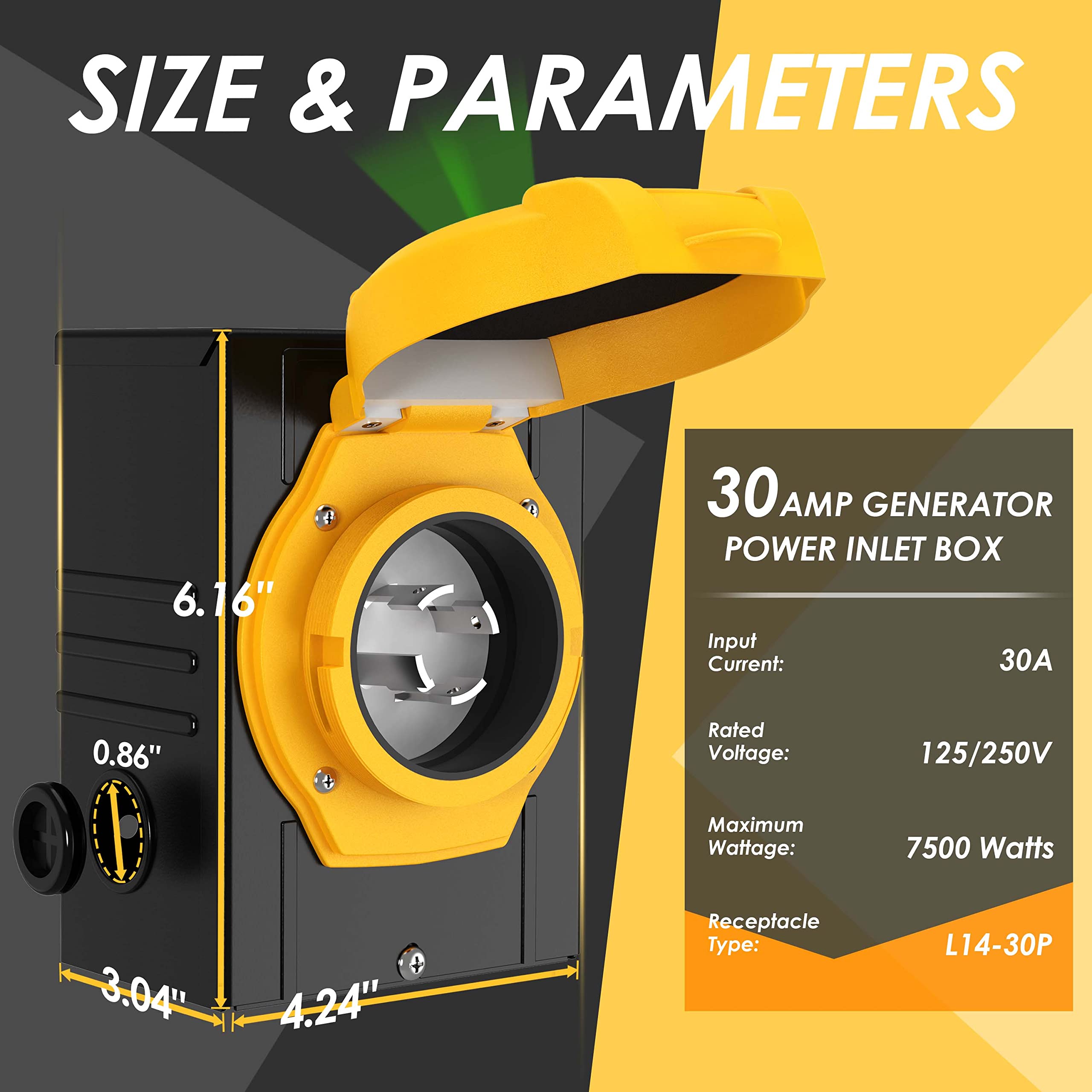 CircleRiver 30 Amp Generator Inlet Box, NEMA L14-30P Power Inlet Box for 4 Prong Generator Cord, 125/250 Volt, 7500 Watts with LED Power Indicator