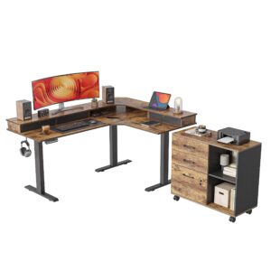 fezibo triple motor l-shaped electric standing desk with 3 drawers, stand up desk, height adjustable desk with 3 drawer lateral file cabinet, 63 x 24 inches rustic brown top/black frame (2 packages)