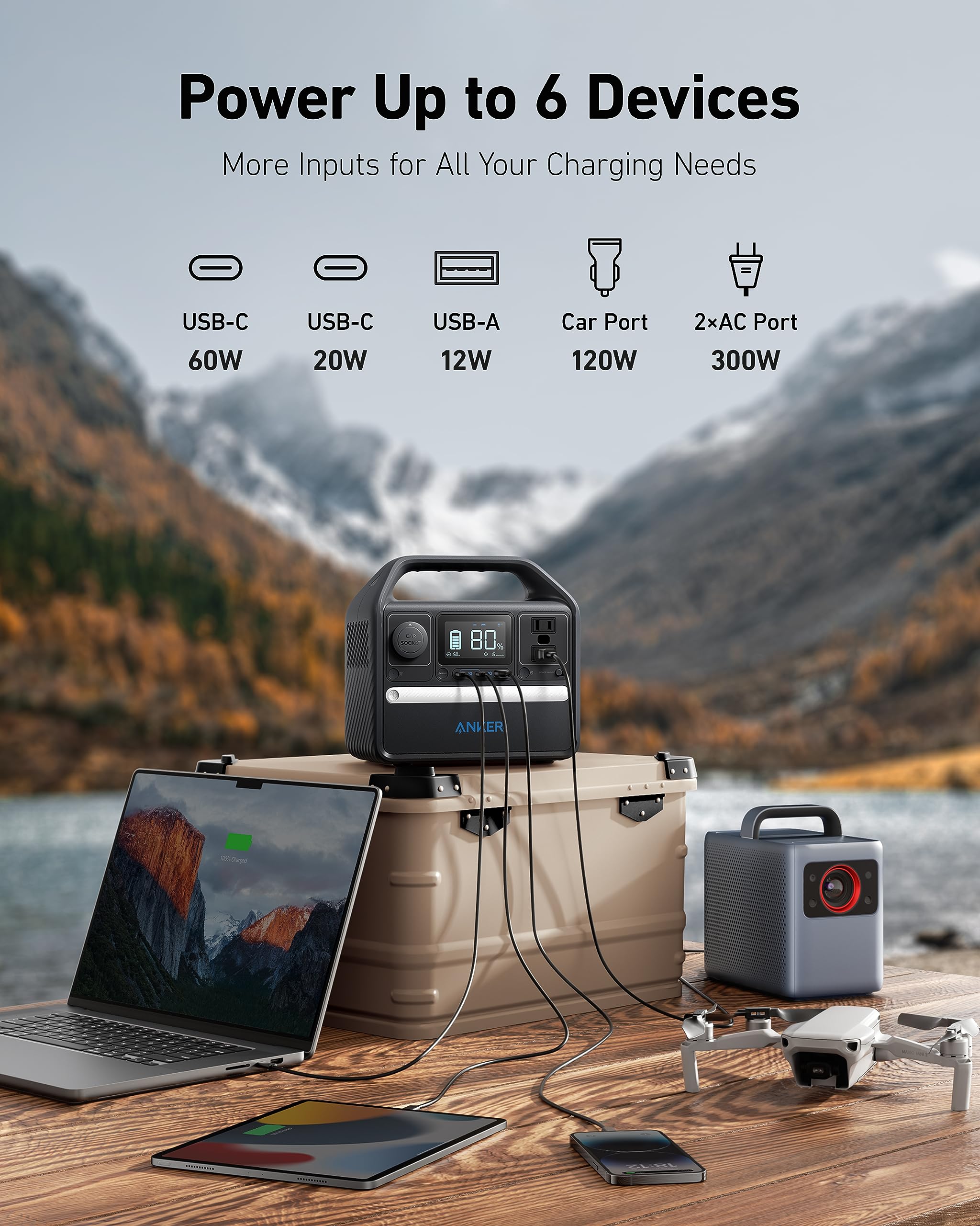 Anker 522 Portable Power Station, 299Wh Solar Generator (Solar Panel Optional), LiFePO4 Battery Pack, 300W (Peak 600W) PowerHouse, 6 Ports, 2 AC Outlets, 60W/20W USB-C PD Ports, LED for Camping and RV