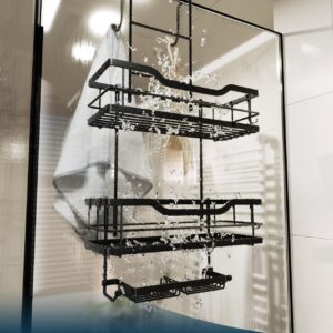 Consumest 3-Tier Hanging Shower Caddy Over the Door, Large Capacity Hanging Shower Organizer With 2 Soap Holder & 8 Hooks Rustproof Easy Installation Over Door Shower Shelf for Bathroom, Black