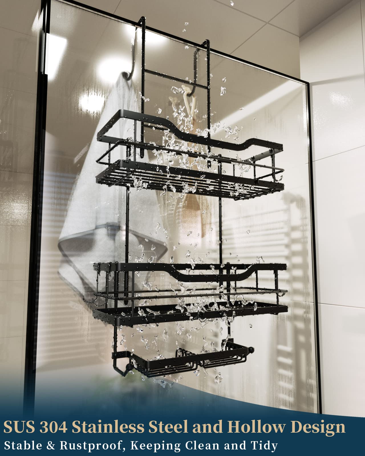 Consumest 3-Tier Hanging Shower Caddy Over the Door, Large Capacity Hanging Shower Organizer With 2 Soap Holder & 8 Hooks Rustproof Easy Installation Over Door Shower Shelf for Bathroom, Black