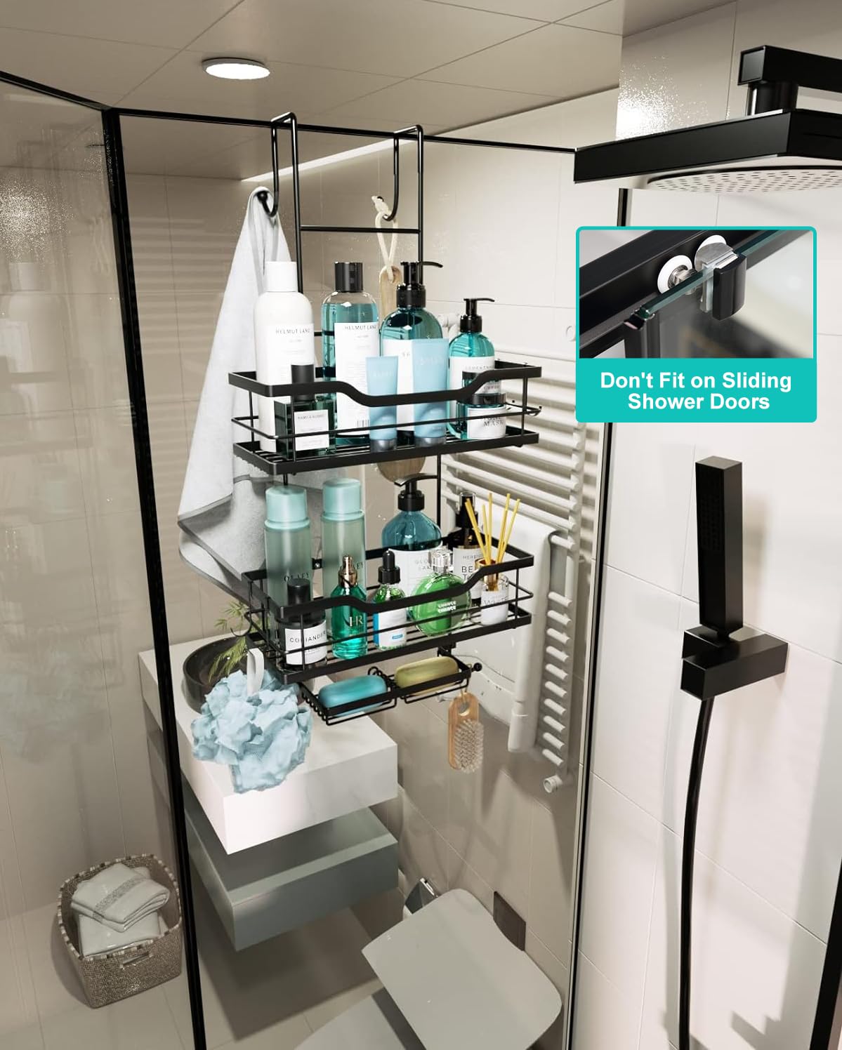 Consumest 3-Tier Hanging Shower Caddy Over the Door, Large Capacity Hanging Shower Organizer With 2 Soap Holder & 8 Hooks Rustproof Easy Installation Over Door Shower Shelf for Bathroom, Black