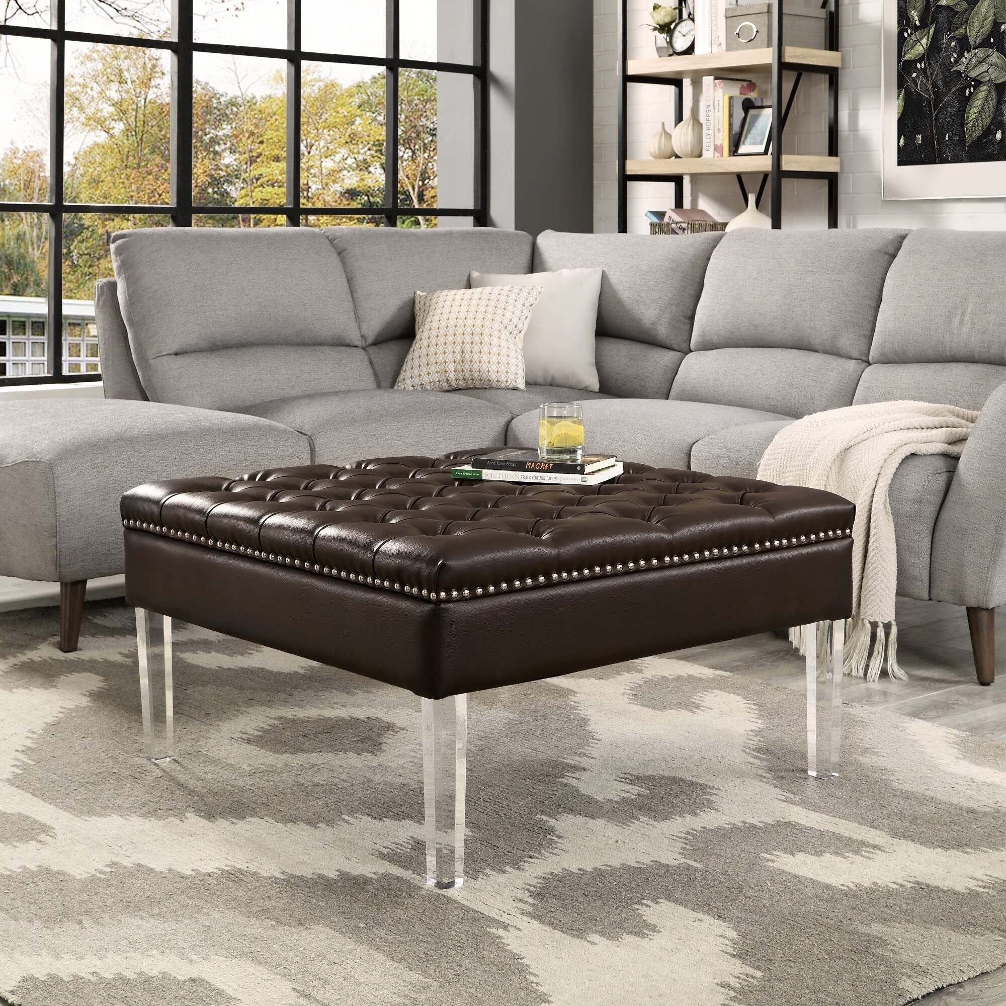 Inspired Home Vivian Leather Oversized Button-Tufted Ottoman Coffee Table Espresso