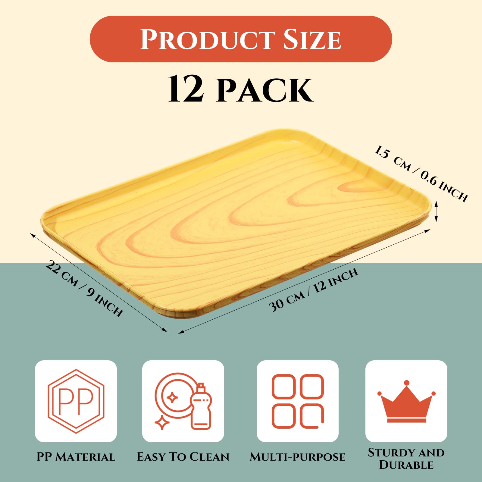 12 Pcs Plastic Wood Grain Serving Tray Fast Food Cafeteria Trays 11.8 x 8.7'' Rectangular Lunch Food Serving Platters Tray Plastic Platter for Kitchen Restaurant School Dinner Party Bar Cafe Camping