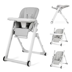 high chair for babies & toddlers, foldable highchair with 8 different heights, 5 reclining seat position and 3-setting footrest, detachable trays & seat cushion, 4 wheels with locks, installation-free