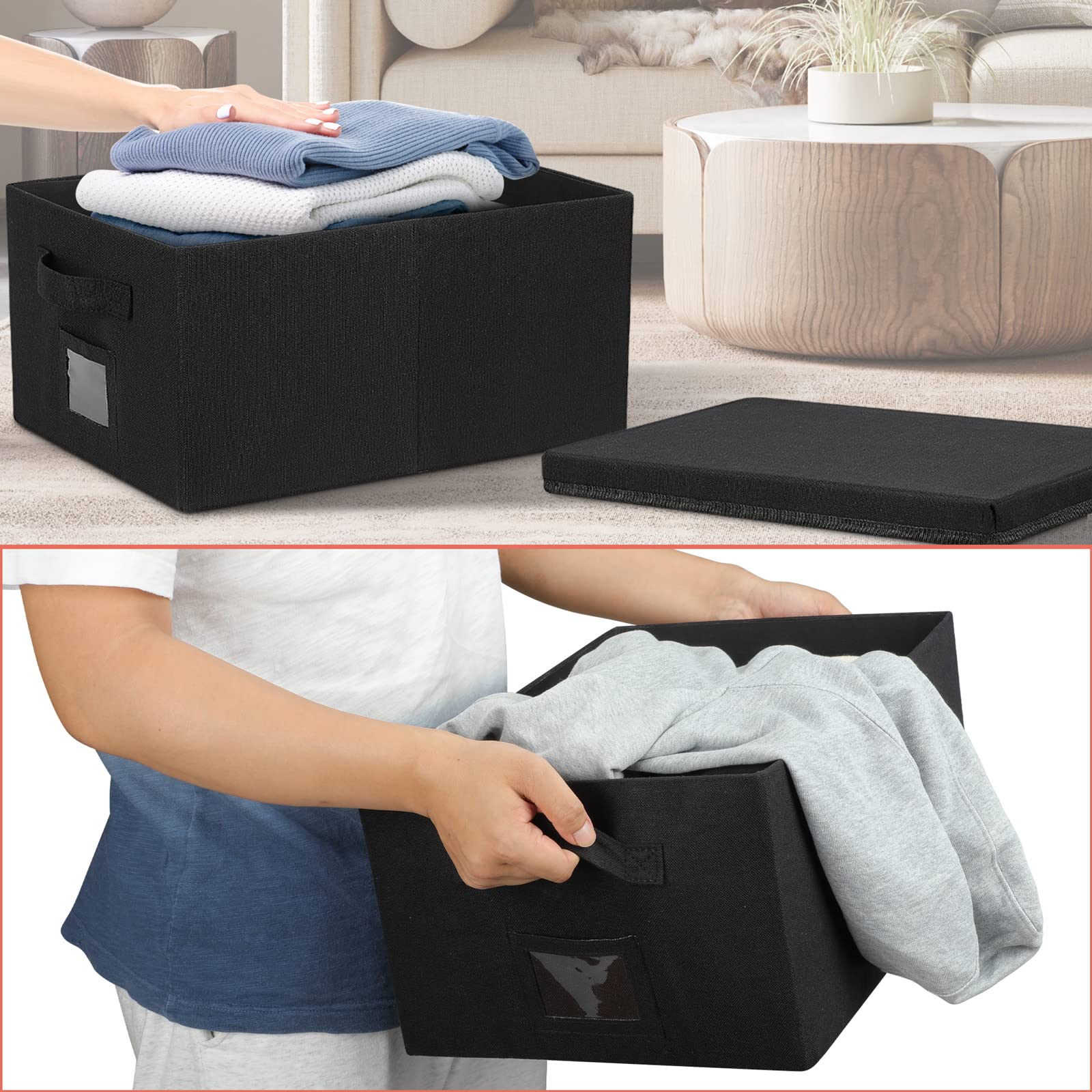 Graciadeco 22.8qt Closet Storage Boxes with Lids Black Folding Keepsake Storage Bins Stackable Flat Lidded Carboard Storage Contaner for Clothes Barbie Shoes, 2 Pack