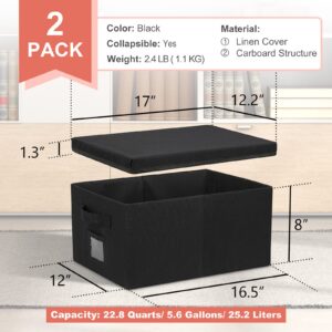 Graciadeco 22.8qt Closet Storage Boxes with Lids Black Folding Keepsake Storage Bins Stackable Flat Lidded Carboard Storage Contaner for Clothes Barbie Shoes, 2 Pack