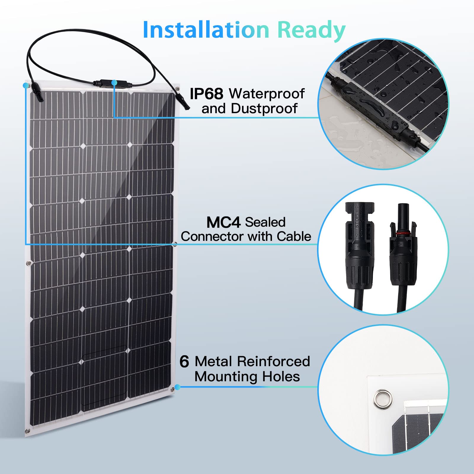 Flexible Solar Panel 100W/12V, Monocrystalline Solar Panels, 23% High Convert, IP68 Waterproof and Lightweight Off-Grid Solar Power System Charger for Marine Camping RV Cabin Van Car Uneven Surfaces