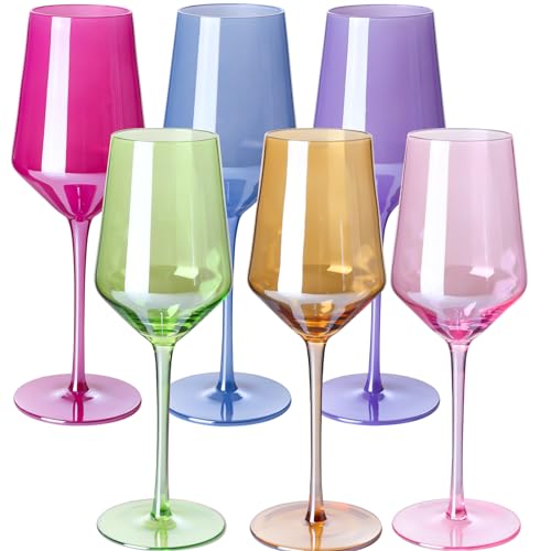 Colored Wine Glasses Set of 6-15oz Hand Blown Colorful Crystal Long Stem Wine Glasses, Unique Colored Glassware for Party,Home Bar