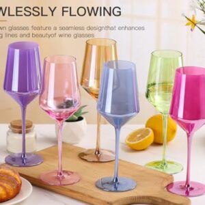 Colored Wine Glasses Set of 6-15oz Hand Blown Colorful Crystal Long Stem Wine Glasses, Unique Colored Glassware for Party,Home Bar