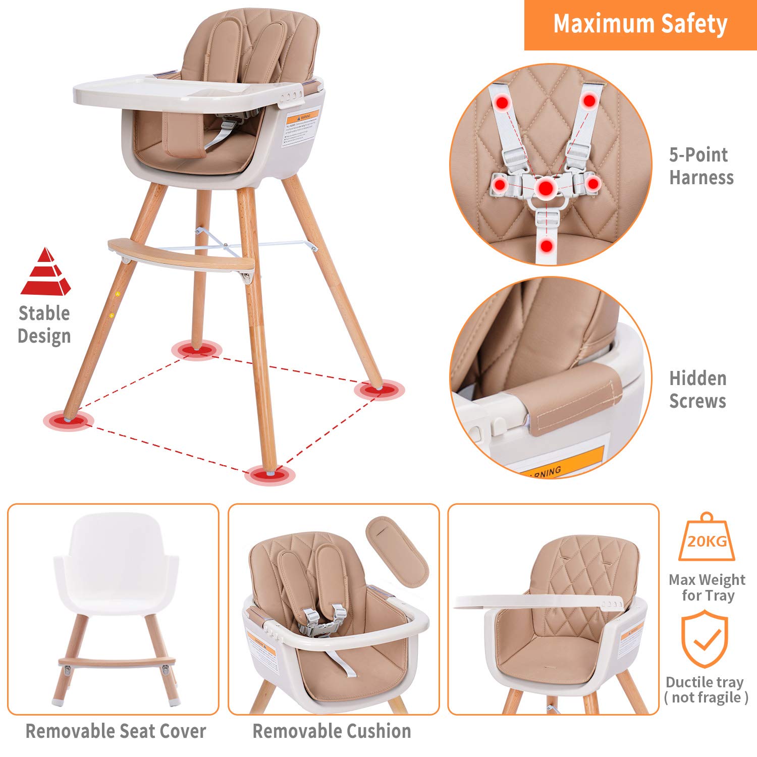 3-in-1 Convertible Wooden High Chair,Baby High Chair with Adjustable Legs & Dishwasher Safe Tray, Made of Sleek Hardwood & Premium Leatherette, Brown Color