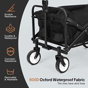 Collapsible Folding Wagon Cart, Heavy Duty Utility Beach Wagon Cart with Wheels Foldable, 220LBS Large Capacity Foldable Grocery Wagon for Camping Garden Shopping Sports, Black/1 Year Warranty