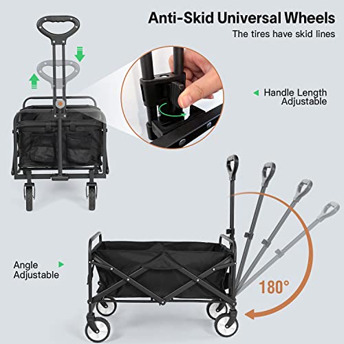 Collapsible Folding Wagon Cart, Heavy Duty Utility Beach Wagon Cart with Wheels Foldable, 220LBS Large Capacity Foldable Grocery Wagon for Camping Garden Shopping Sports, Black/1 Year Warranty