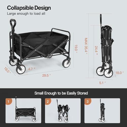 Collapsible Folding Wagon Cart, Heavy Duty Utility Beach Wagon Cart with Wheels Foldable, 220LBS Large Capacity Foldable Grocery Wagon for Camping Garden Shopping Sports, Black/1 Year Warranty