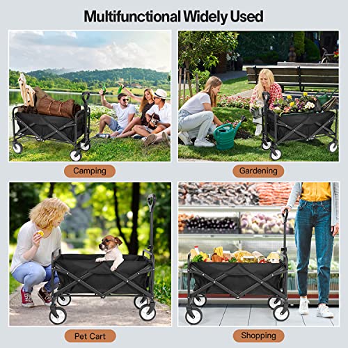 Collapsible Folding Wagon Cart, Heavy Duty Utility Beach Wagon Cart with Wheels Foldable, 220LBS Large Capacity Foldable Grocery Wagon for Camping Garden Shopping Sports, Black/1 Year Warranty