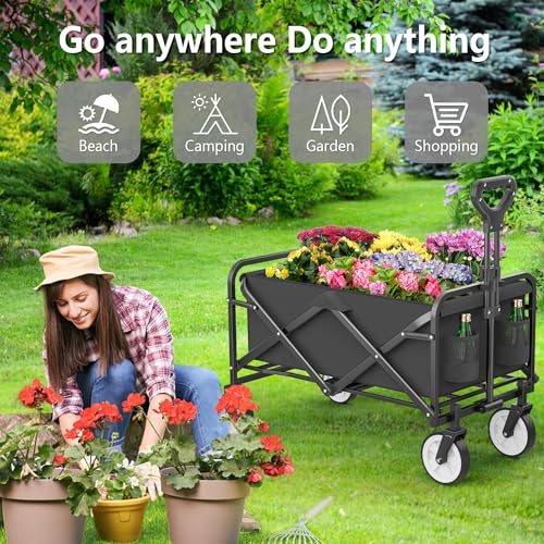 Collapsible Folding Wagon Cart, Heavy Duty Utility Beach Wagon Cart with Wheels Foldable, 220LBS Large Capacity Foldable Grocery Wagon for Camping Garden Shopping Sports, Black/1 Year Warranty