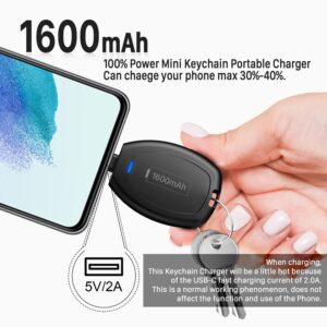 HUAENG 1600mAh USB-C Keychain Portable Charger for Andriod Phones, Mini Type-C Emergency Power pods Ultra-Compact Power Bank Pack Key Ring Phone Charger for Samsung Galaxy S23, Moto Phone-Black