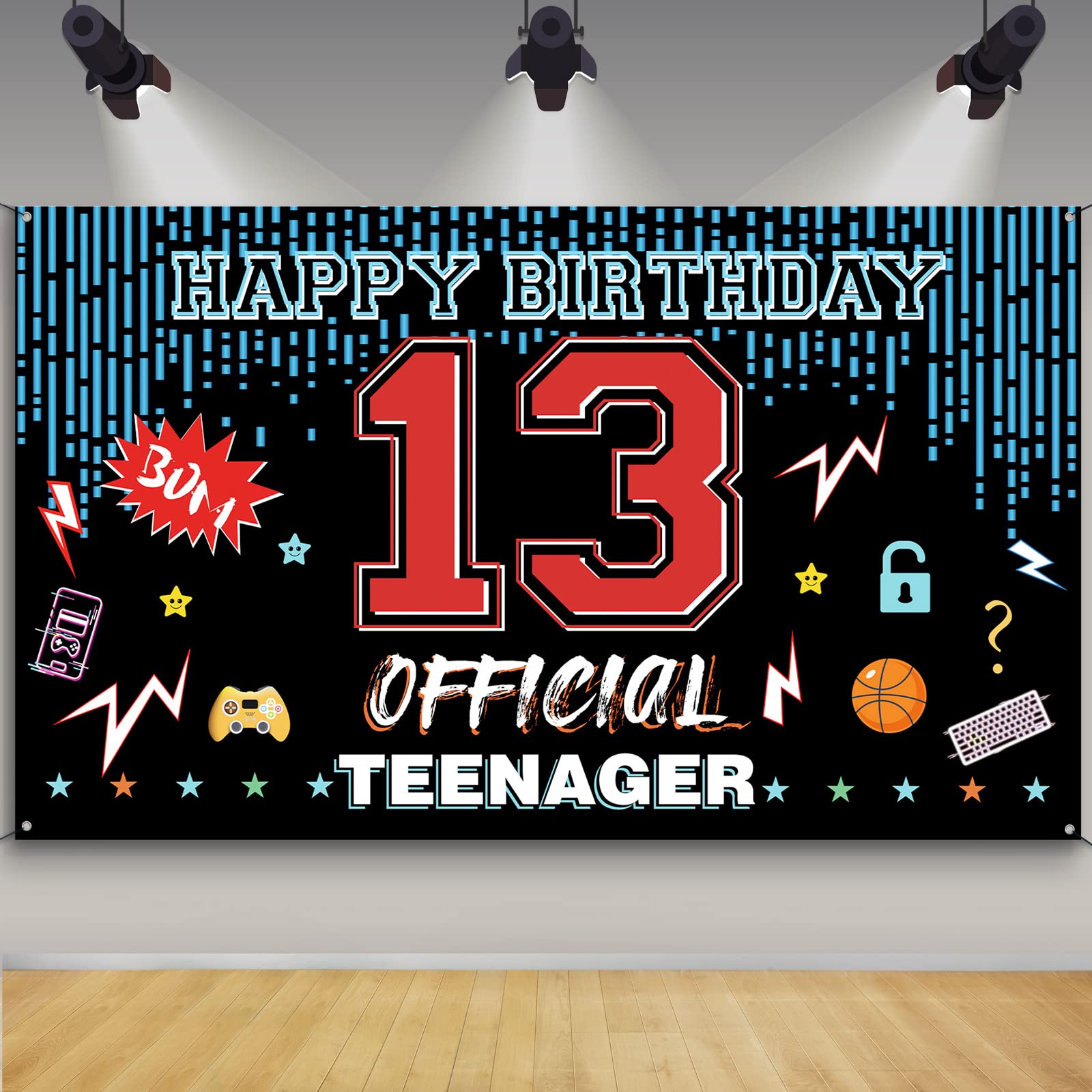 Official Teenager 13th Birthday Door Backdrop Banner, Happy 13th Birthday Decorations for Boys Girls, Red Blue 13 Year Old Birthday Party Yard Sign Photo Booth Props Supplies, Fabric, PHXEY