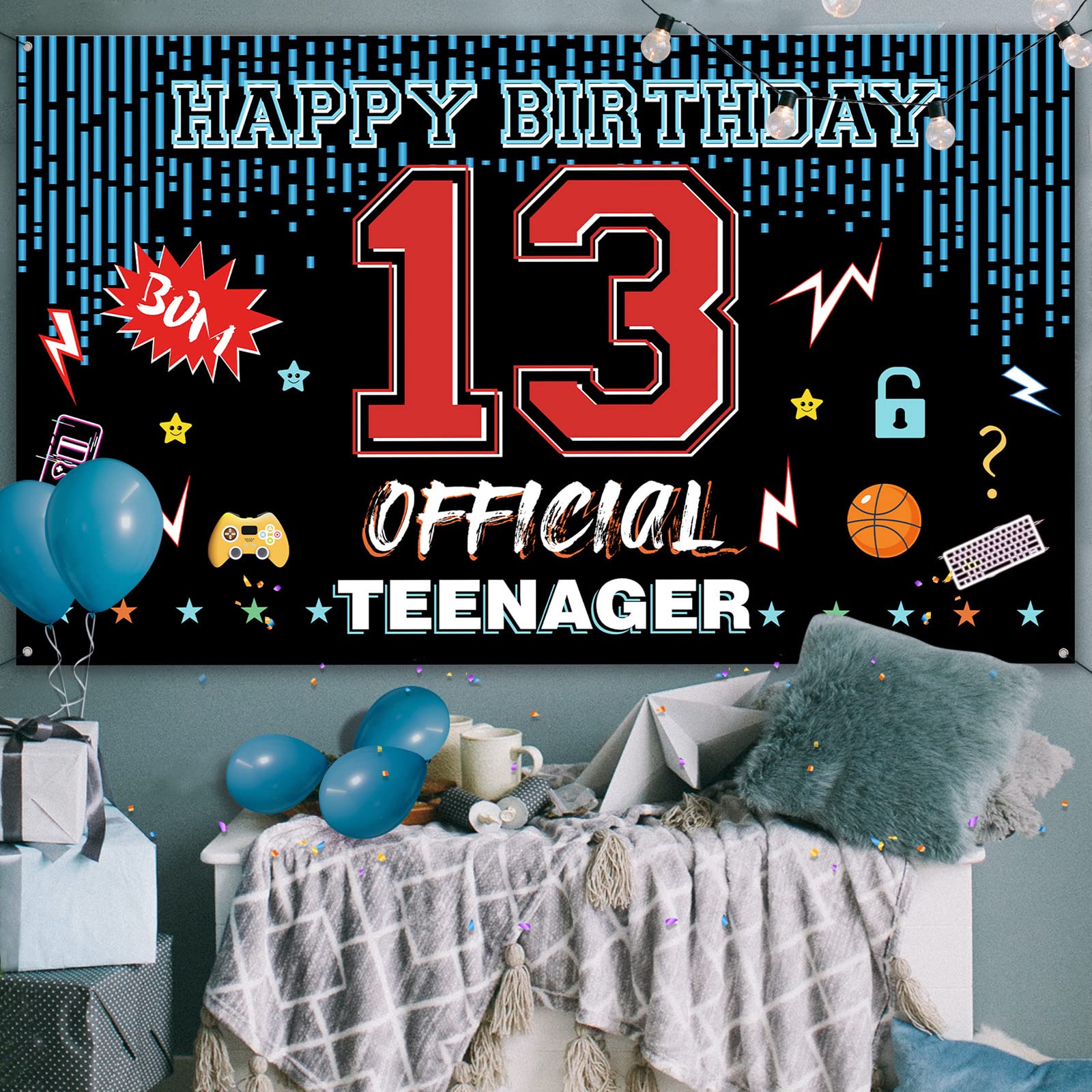 Official Teenager 13th Birthday Door Backdrop Banner, Happy 13th Birthday Decorations for Boys Girls, Red Blue 13 Year Old Birthday Party Yard Sign Photo Booth Props Supplies, Fabric, PHXEY