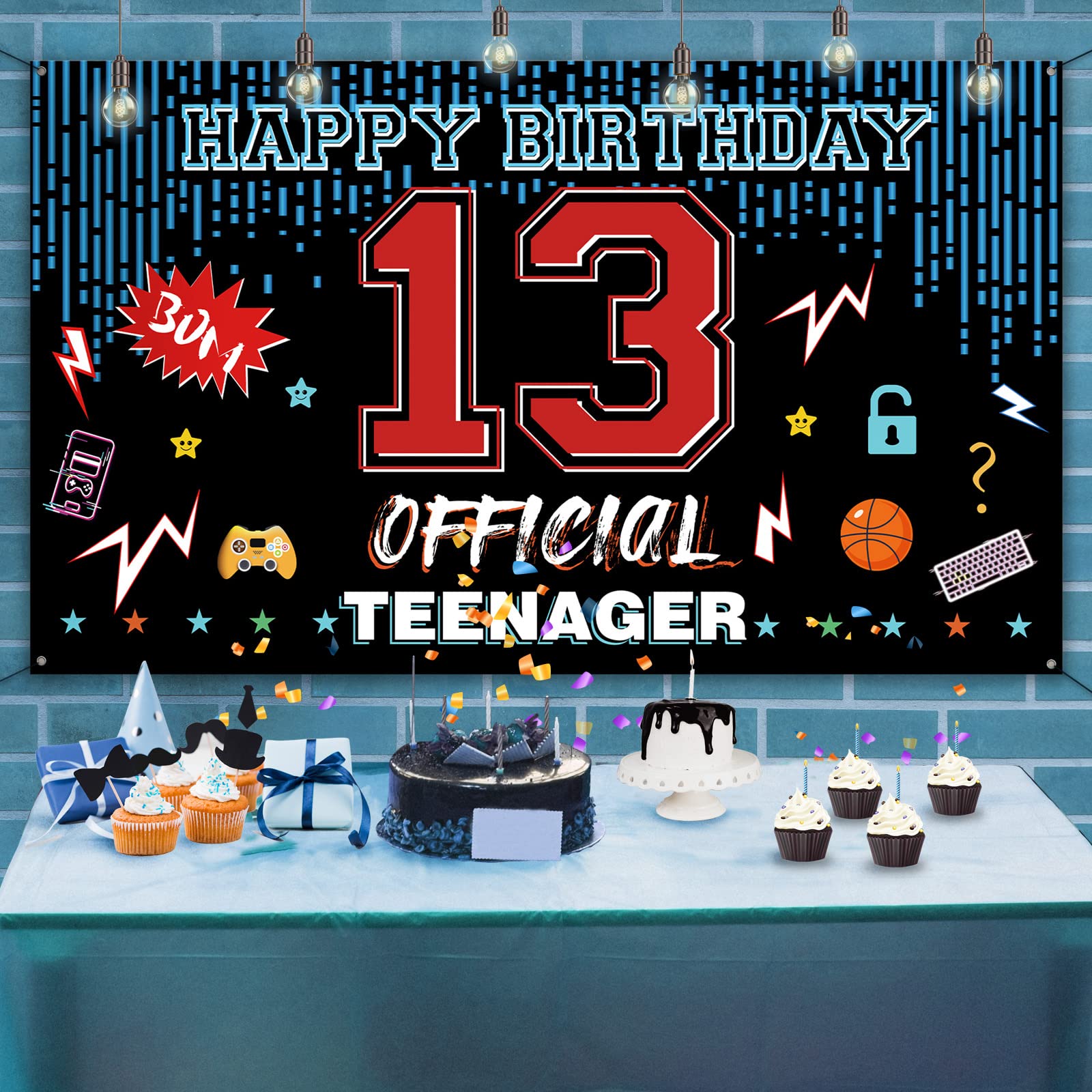 Official Teenager 13th Birthday Door Backdrop Banner, Happy 13th Birthday Decorations for Boys Girls, Red Blue 13 Year Old Birthday Party Yard Sign Photo Booth Props Supplies, Fabric, PHXEY